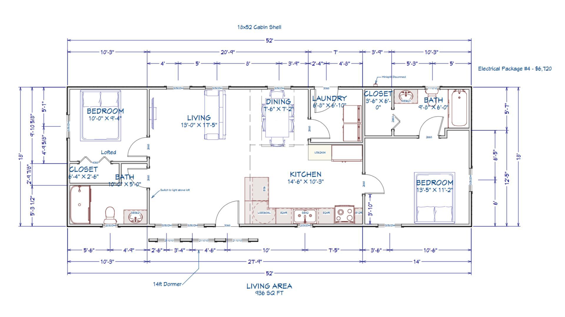 Floor plan for 18x52 Cabin Shell