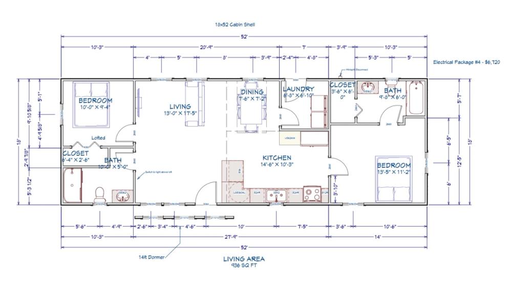 Floor plan for 18x52 Cabin Shell