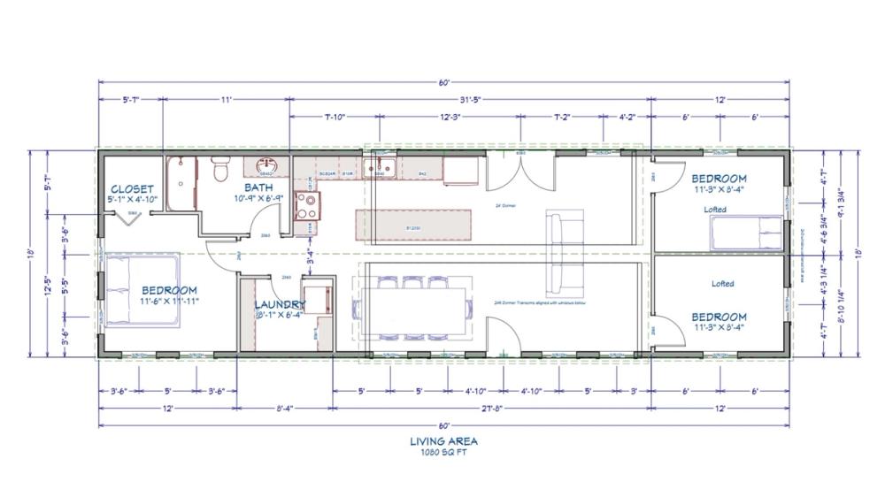 Floor plan for 18x60 Cabin Shell