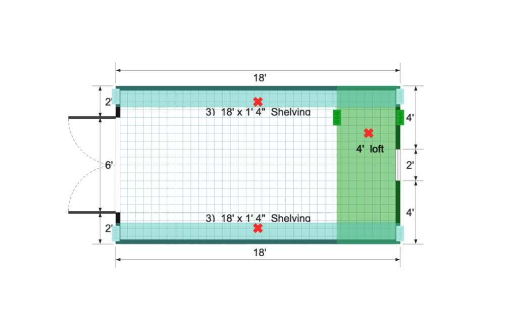 Floor plan for 10x18 Gable Shed With Loft and Extra Shelving