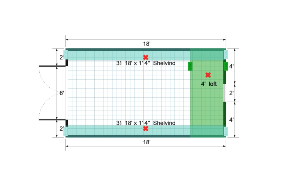 Floor plan for 10x18 Gable Shed With Loft and Extra Shelving