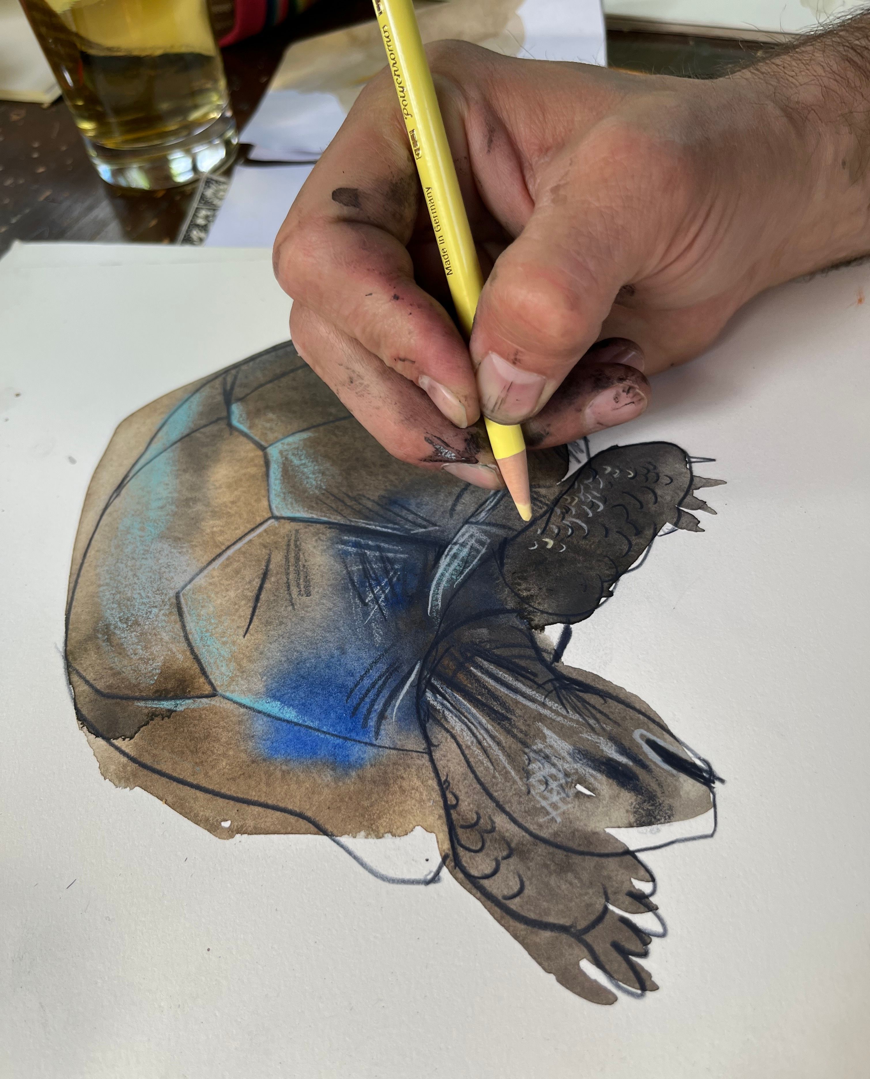 Schildkröte mixed media Kunstwerk in Gouache und Buntstift Workshop Aljoscha Blau