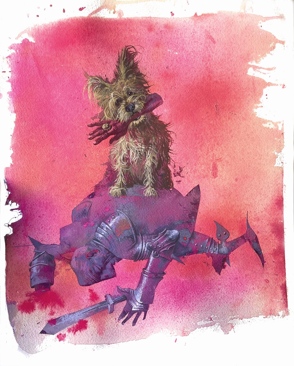 Tierbild in Gouache. Hund auf Ritter mit Rüstung von Aljoscha Blau