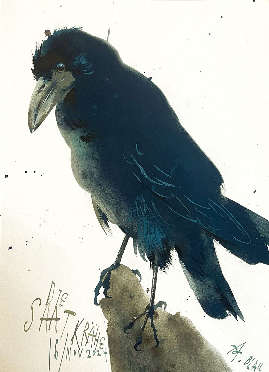 Krähe Raabe ind Gouache Skizzenbuch von Aljoscha Blau