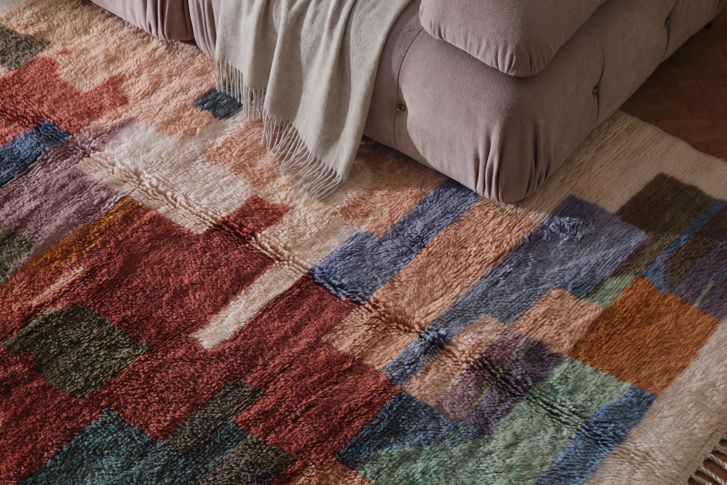 Stack of solid-color rugs in tan, olive green, blue, burgundy, and dark brown