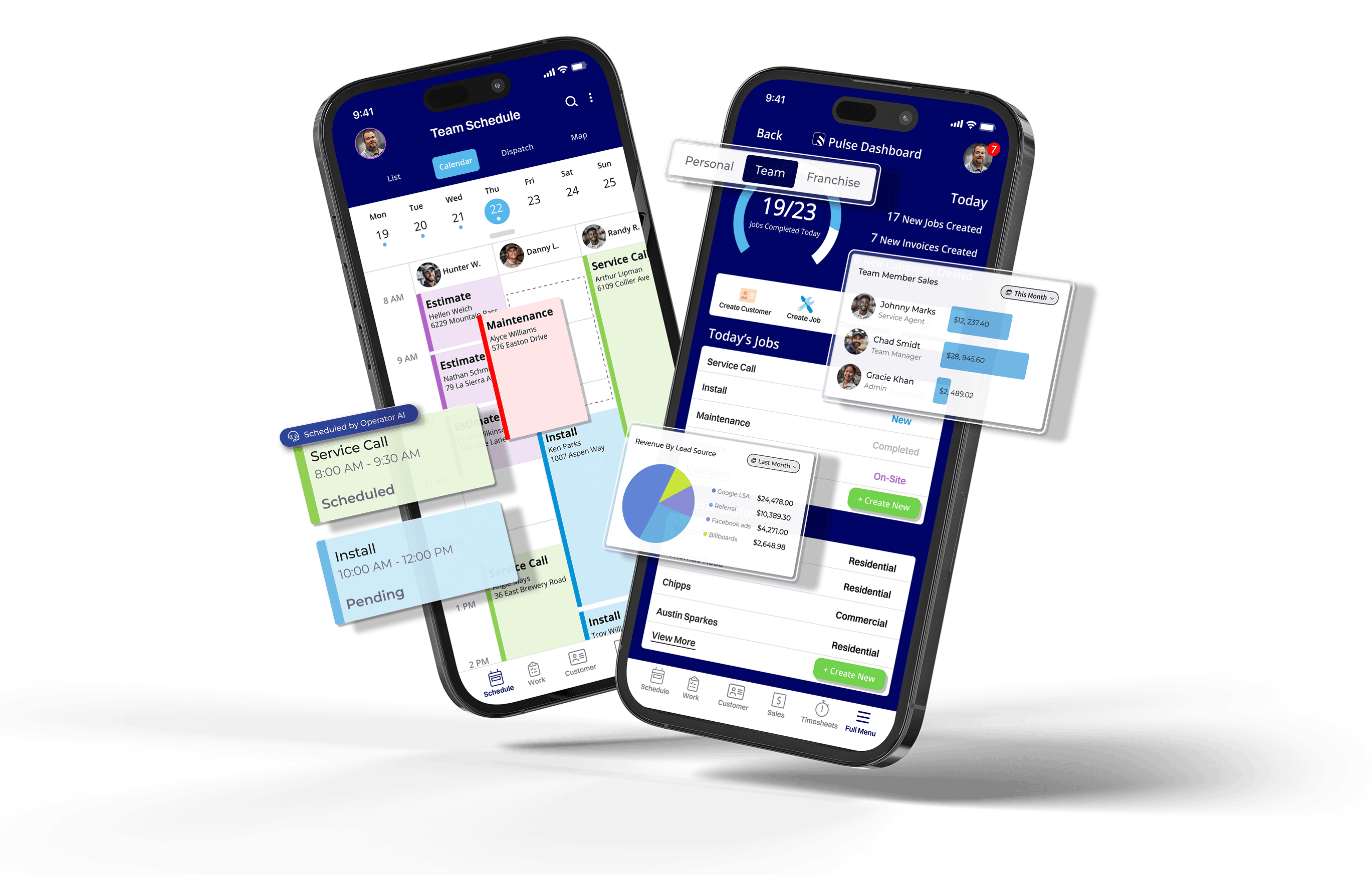 Two smartphones running the FieldPulse mobile app, one showing a team schedule calendar and the other a Pulse dashboard with jobs completed, new invoices, team member sales, and revenue by lead source.