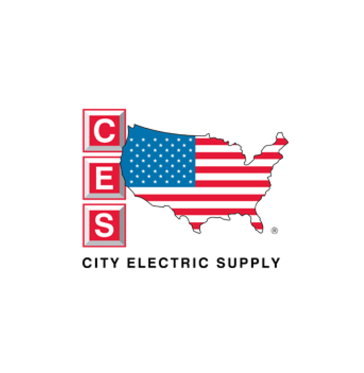The City Electric Supply logo, with red CES lettered blocks beside a US map filled with an American flag pattern above the company name.