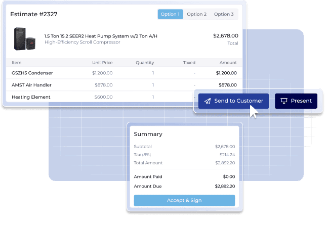 A FieldPulse estimate for a heat pump system listing line items and totals, with Send to Customer and Present buttons and a signable summary panel.