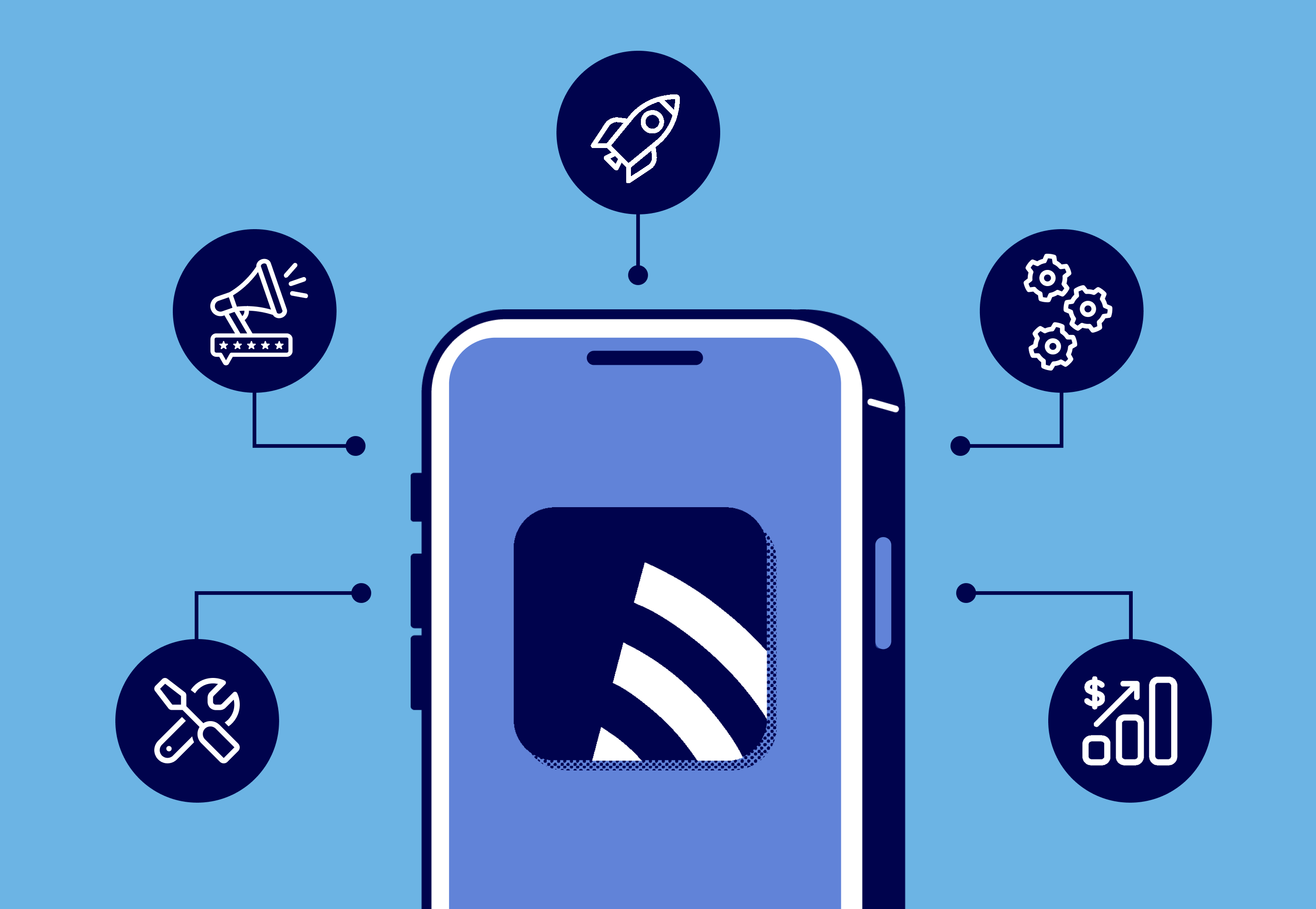 Illustration of a smartphone showing the FieldPulse app icon, ringed by icons for launch, marketing, settings, tools, and revenue growth.