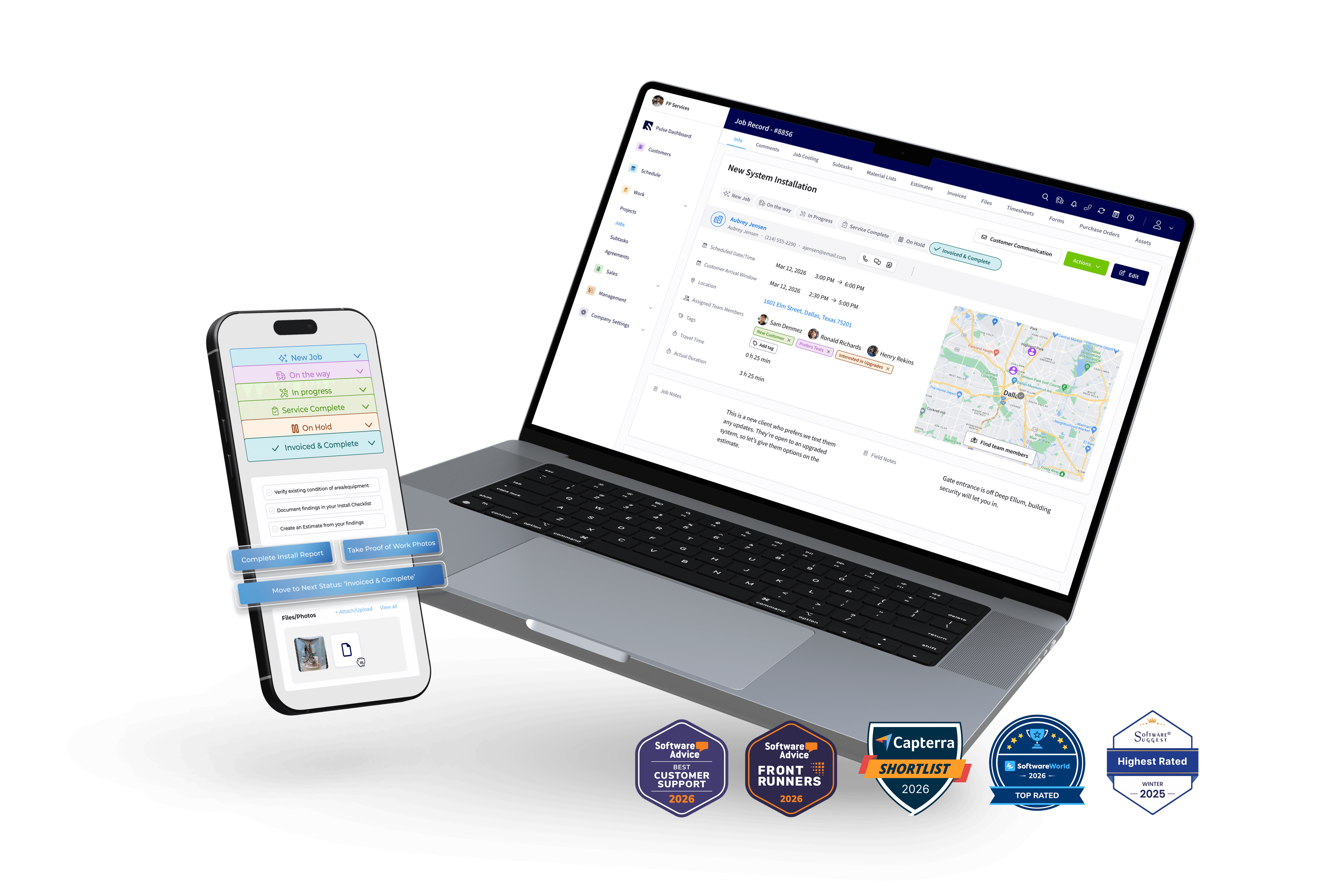 A laptop and phone showing a FieldPulse job record for a new system installation, with award badges from Capterra, Software Advice, and others below.