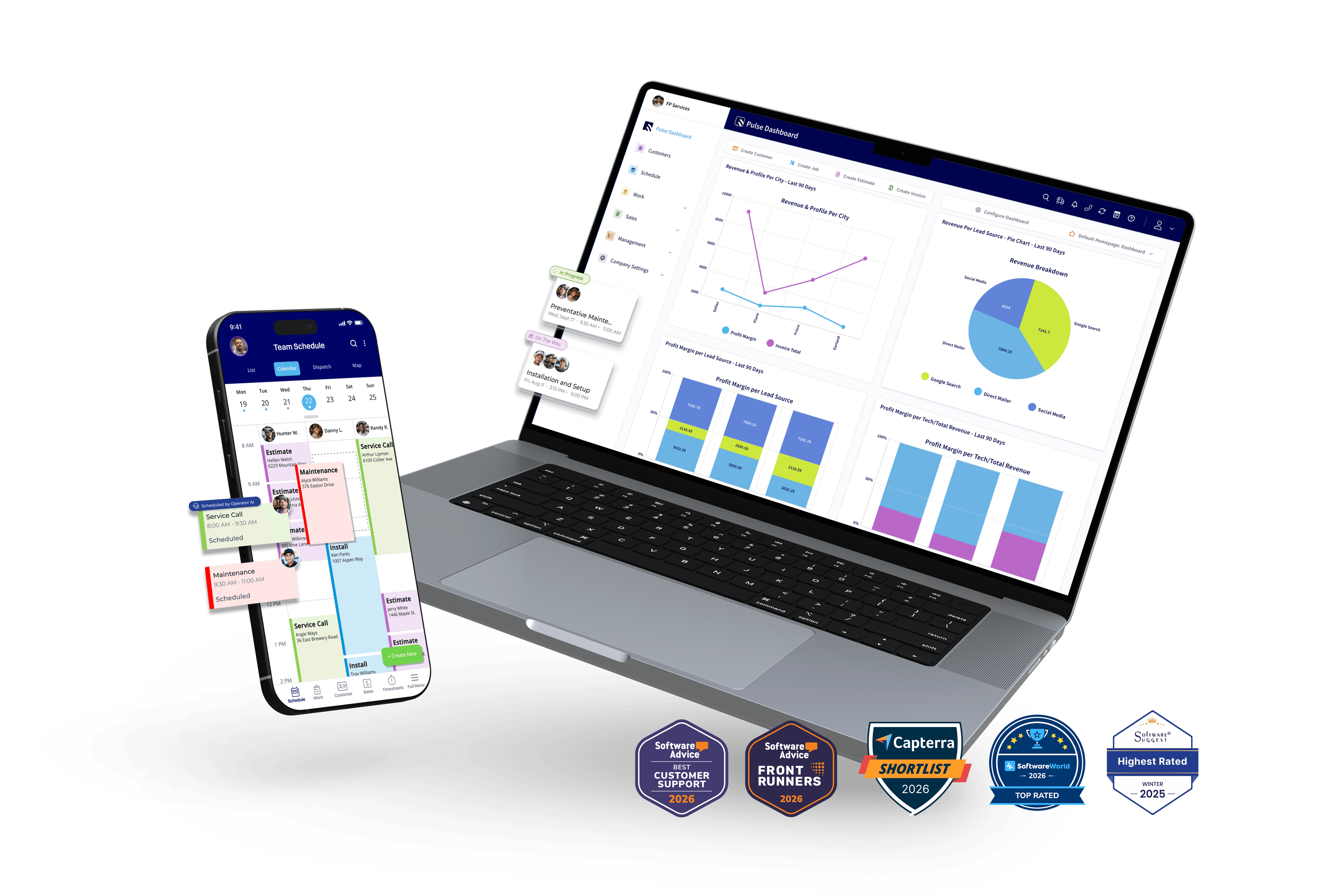 The FieldPulse dashboard shown on a laptop with revenue and profit charts, next to a phone showing the team schedule, with software award badges below.