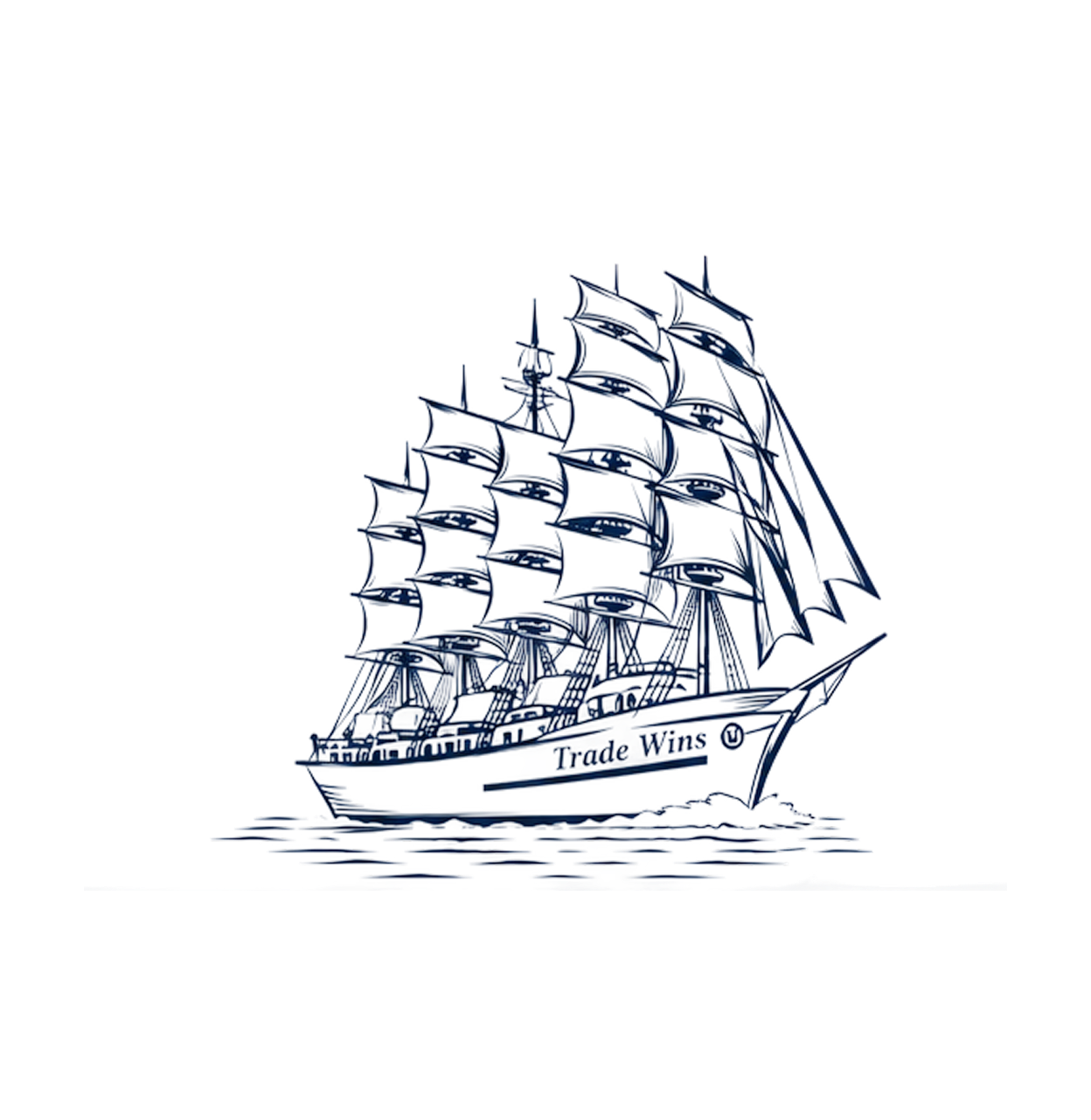 The Trade Wins logo featuring a navy line drawing of a tall sailing ship on water.