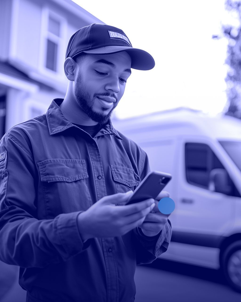 A field service technician in a work shirt and cap checking a smartphone in front of a service van.