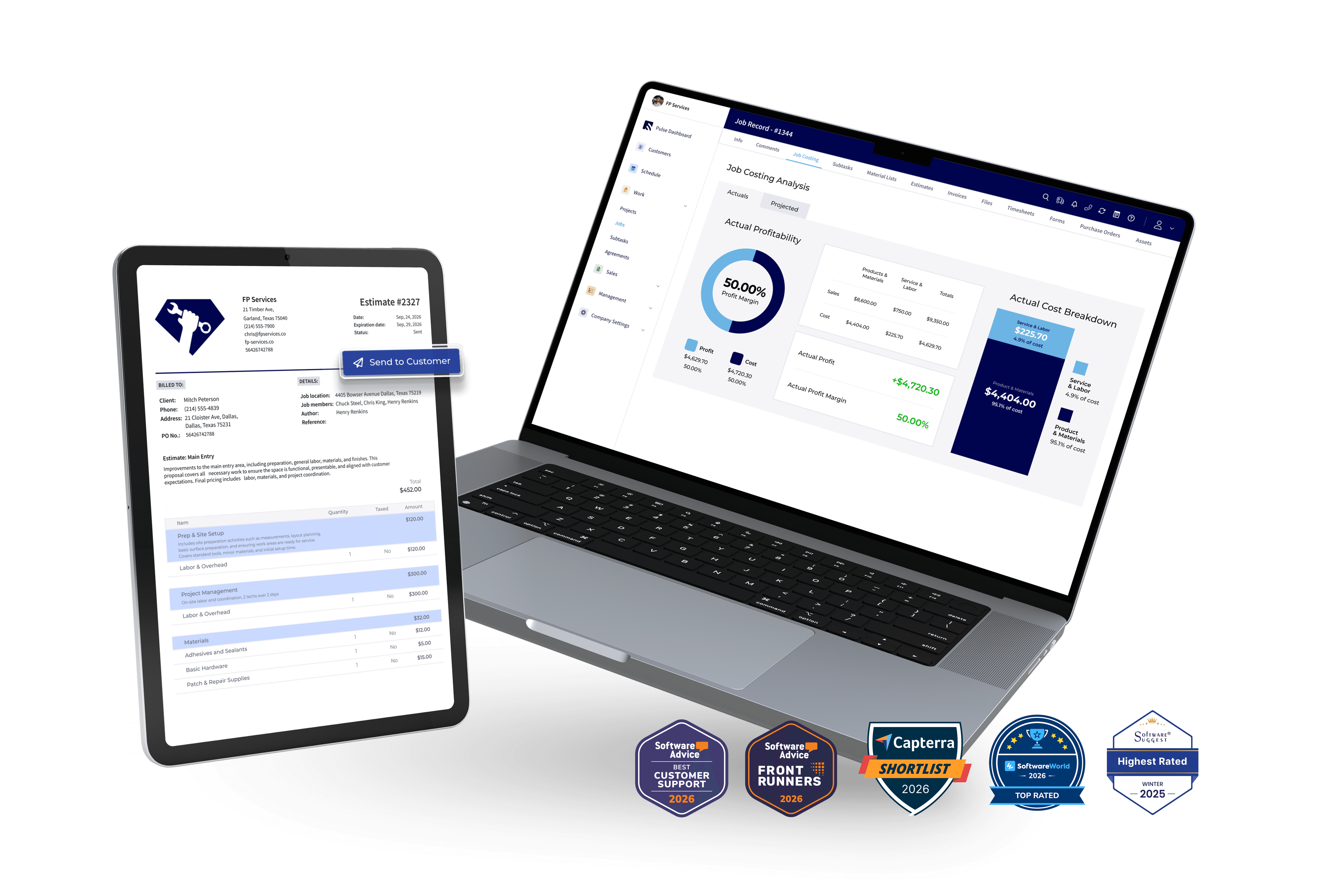 FieldPulse shown on a tablet with a customer estimate and on a laptop with a job costing analysis, alongside a row of software award badges.