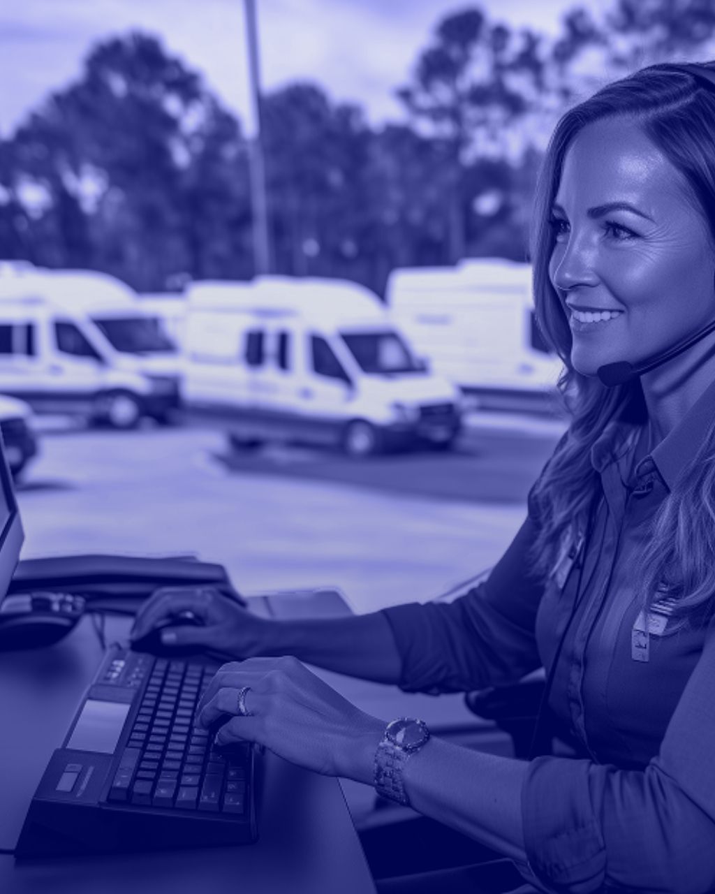 A field service administrator wearing a headset works at a computer with a fleet of service vans parked outside.