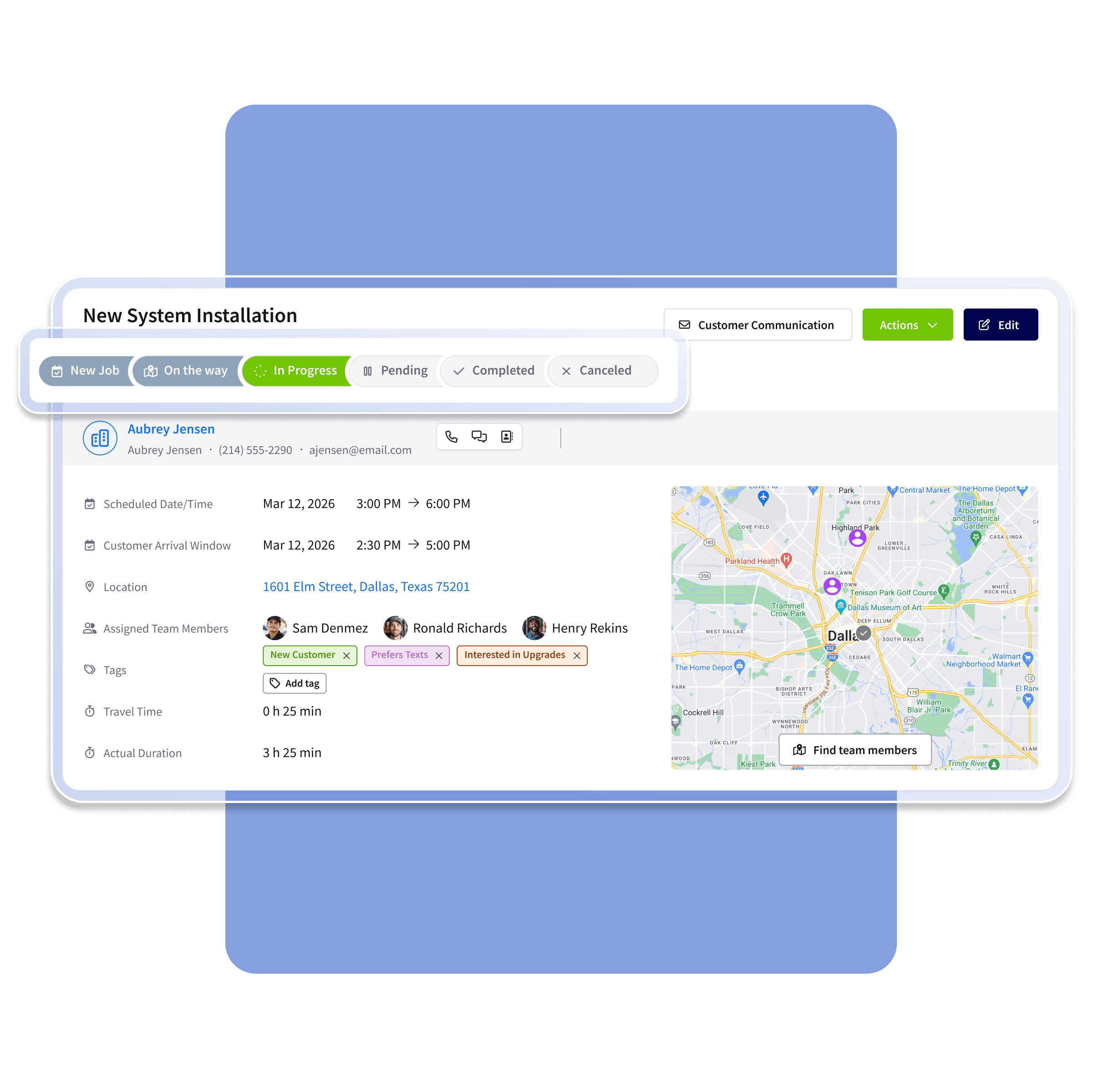 The work order record in FieldPulse work order software showing custom status', team assignment, map view of where the job is and where the assigned team members are.