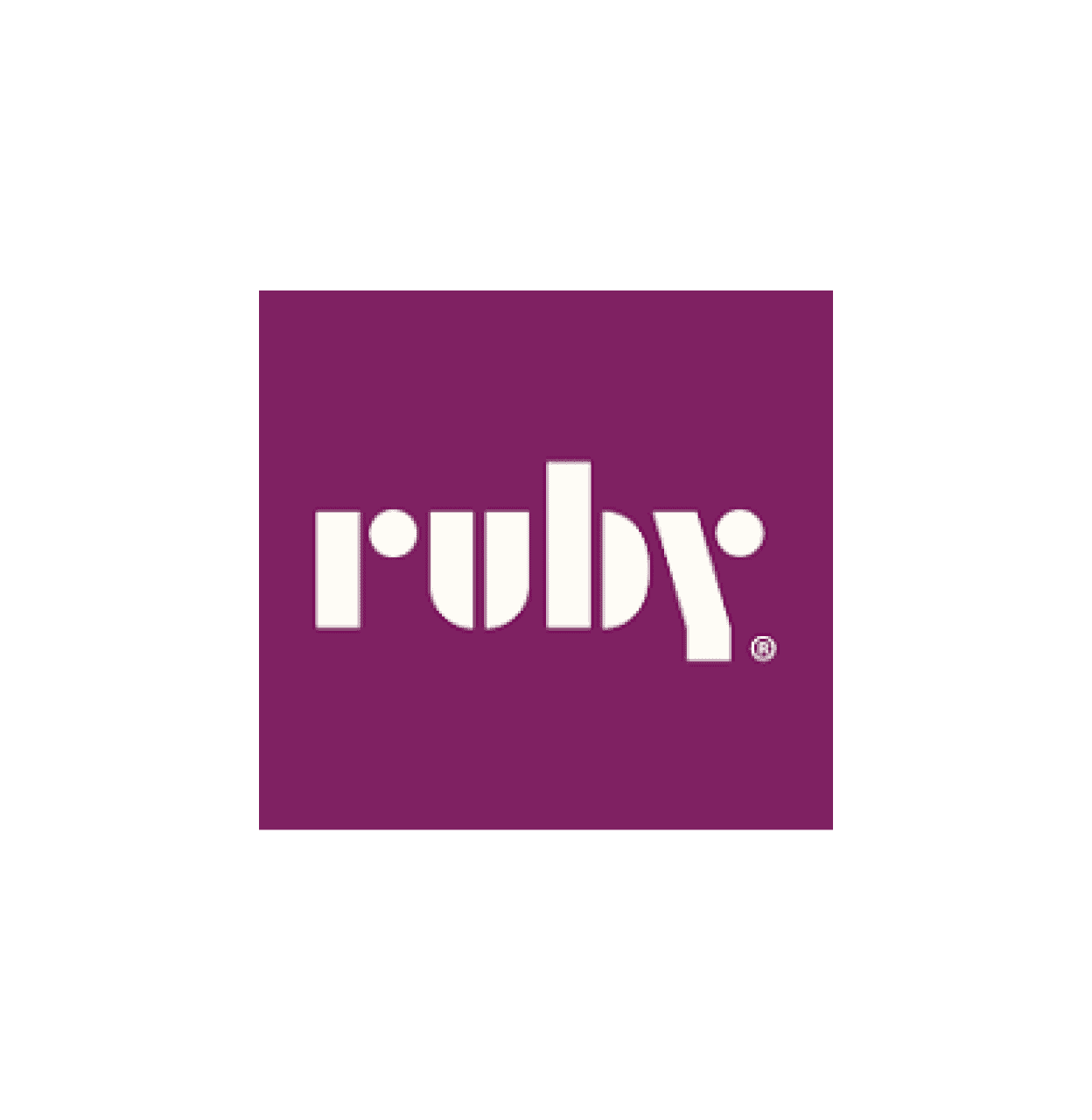 The Ruby logo, a white lowercase wordmark on a purple square.
