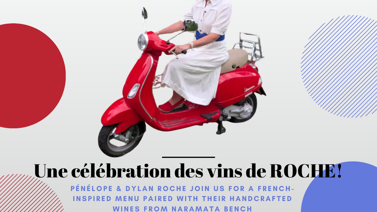Poster for Une célébration des vins de Roche: Pénélope Roche on a red Vespa, with the Roche Wines and Miradoro logos