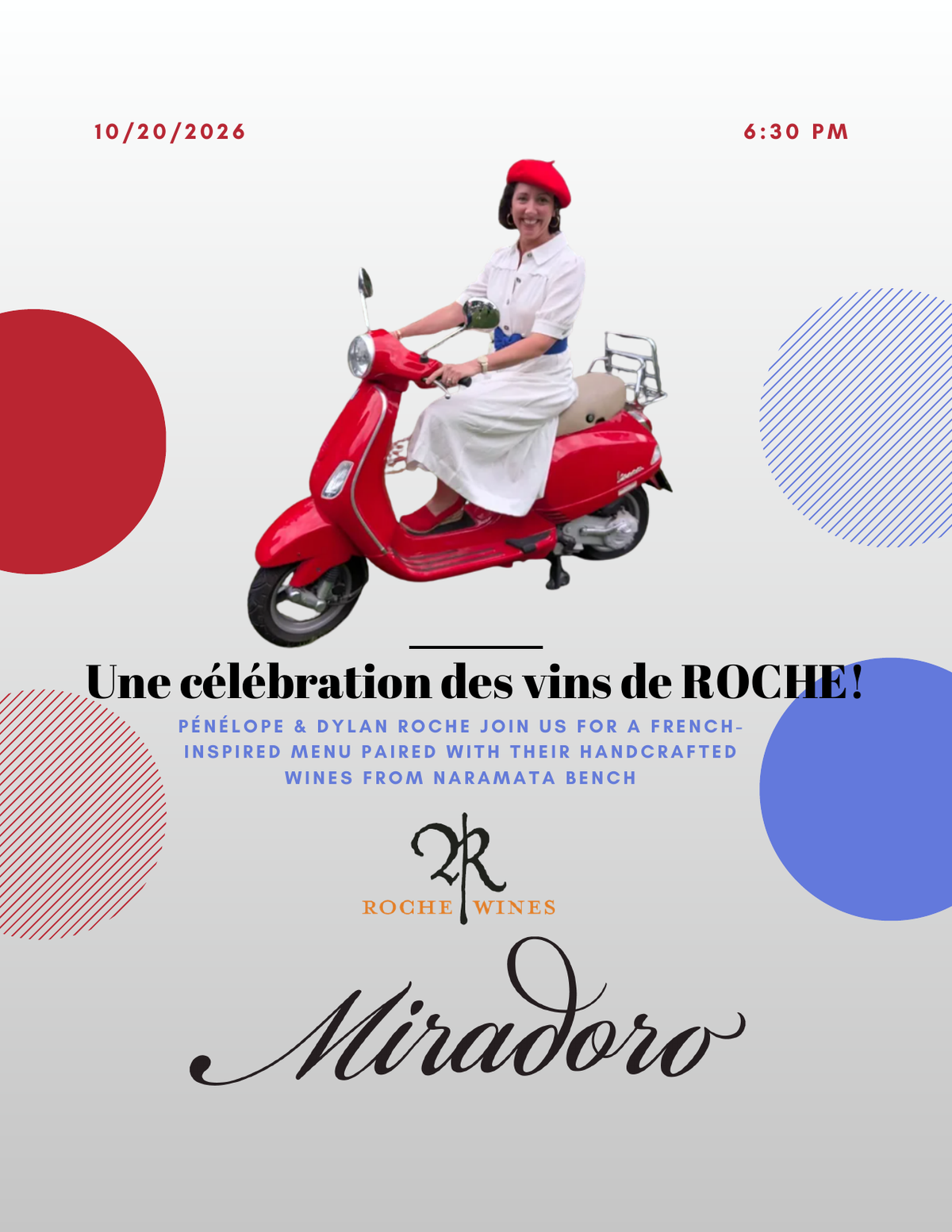 Poster for Une célébration des vins de Roche: Pénélope Roche on a red Vespa, with the Roche Wines and Miradoro logos