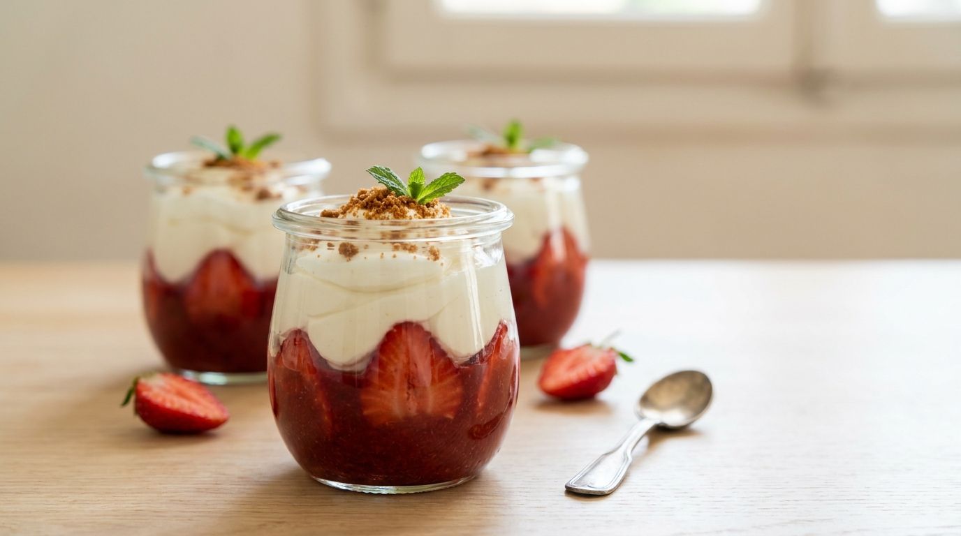 Strawberry parfaits in glass jars, layered with strawberry coulis, mascarpone cream, crushed speculoos, and fresh mint
