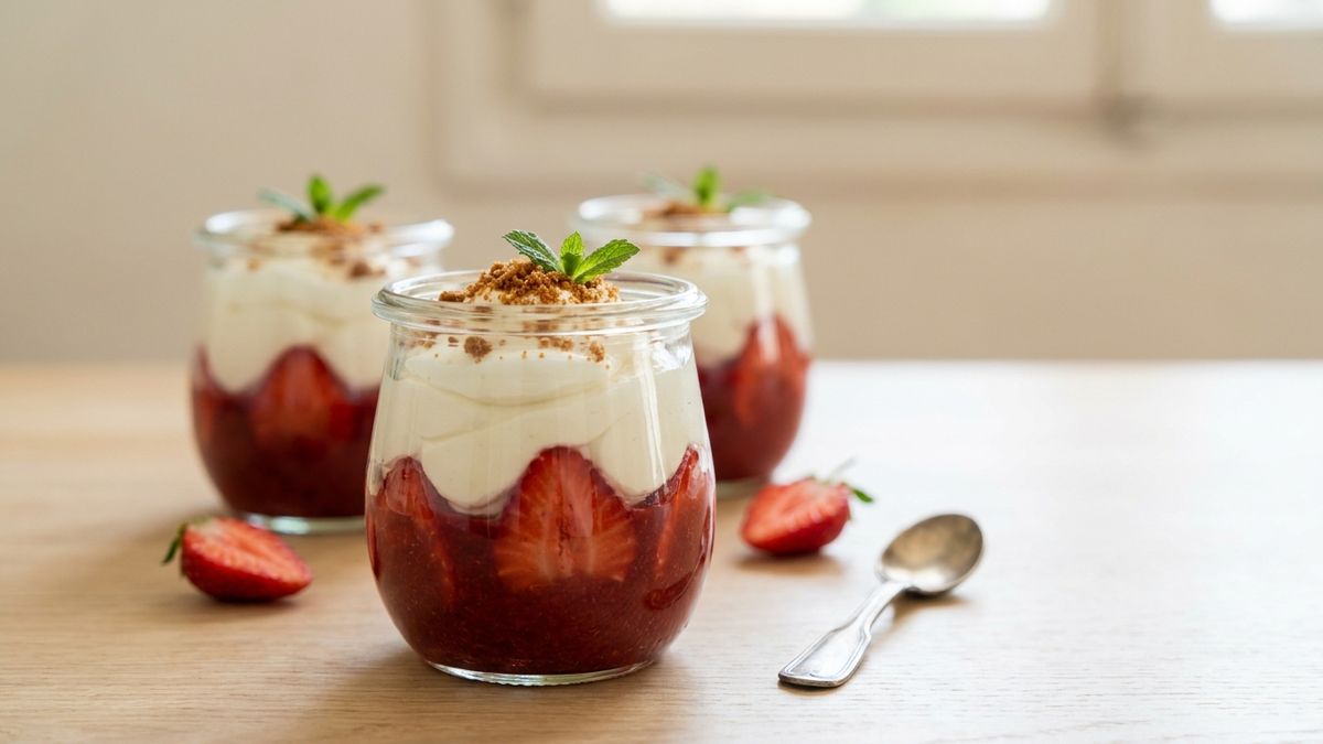Strawberry parfaits in glass jars, layered with strawberry coulis, mascarpone cream, crushed speculoos, and fresh mint
