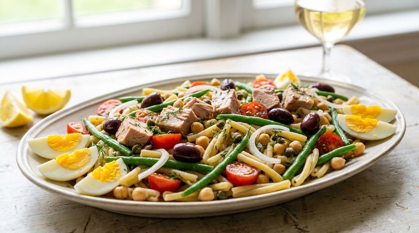 Tuna Niçoise pasta salad on a platter with green beans, cherry tomatoes, chickpeas, olives, hard-boiled eggs, and lemon quarters