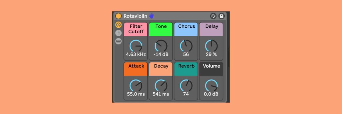 Example of an Ableton Rack in the macro view titled "Rotaviolin".
