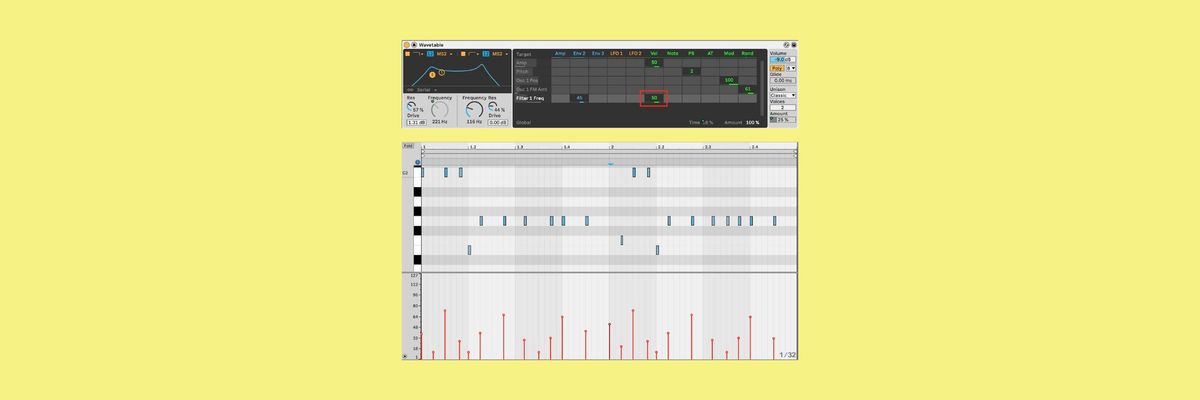 Display of Ableton's Wavetable as well as a deeper look into the midi and velocity data.