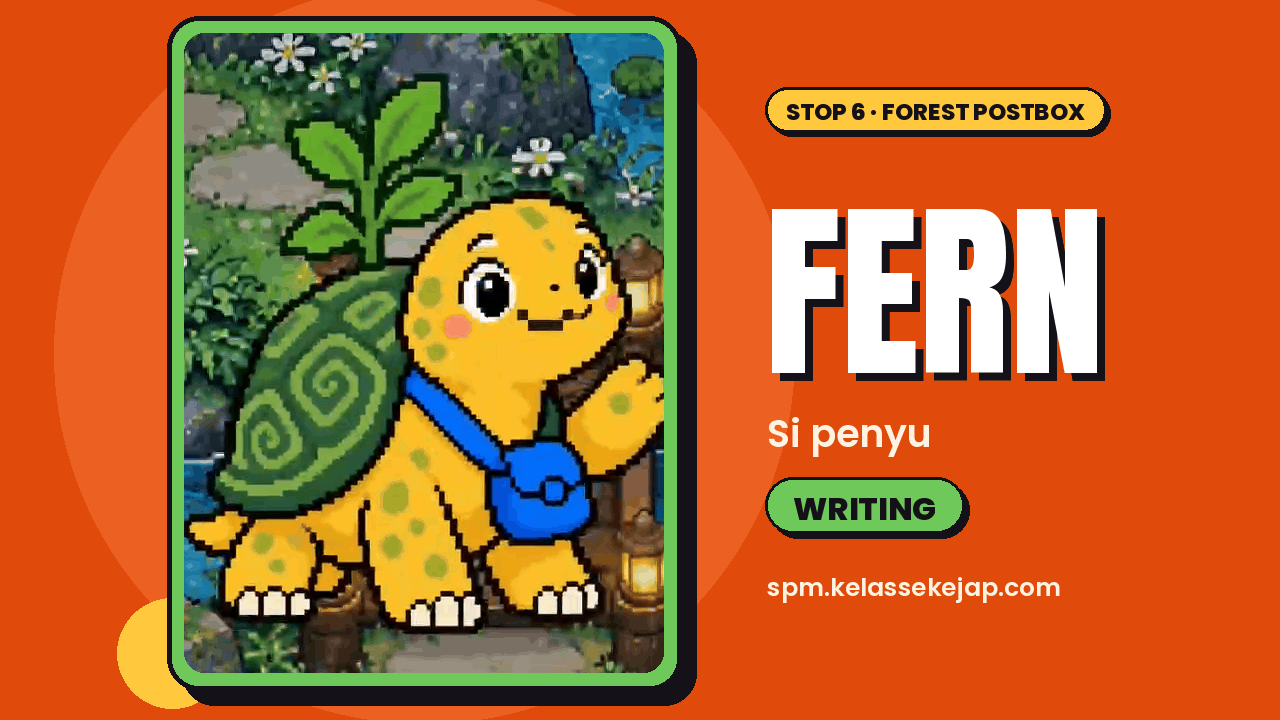 Kad watak gaya piksel: Fern si penyu kuning dengan cengkerang hijau bercorak lingkaran, anak pokok tumbuh di atasnya dan beg sandang biru, melambai tangan di tepi sungai. Teks kad: Stop 6 · Forest Postbox, FERN, Si penyu, WRITING.