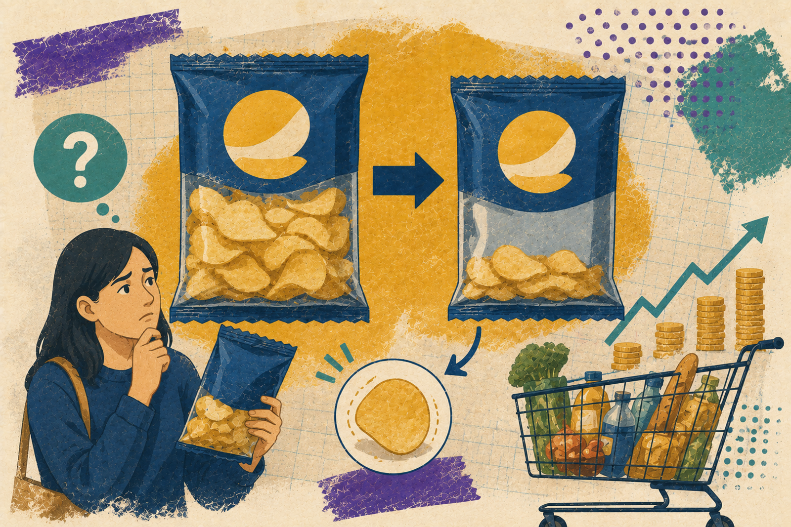 Collage on shrinkflation — favourite snacks getting smaller