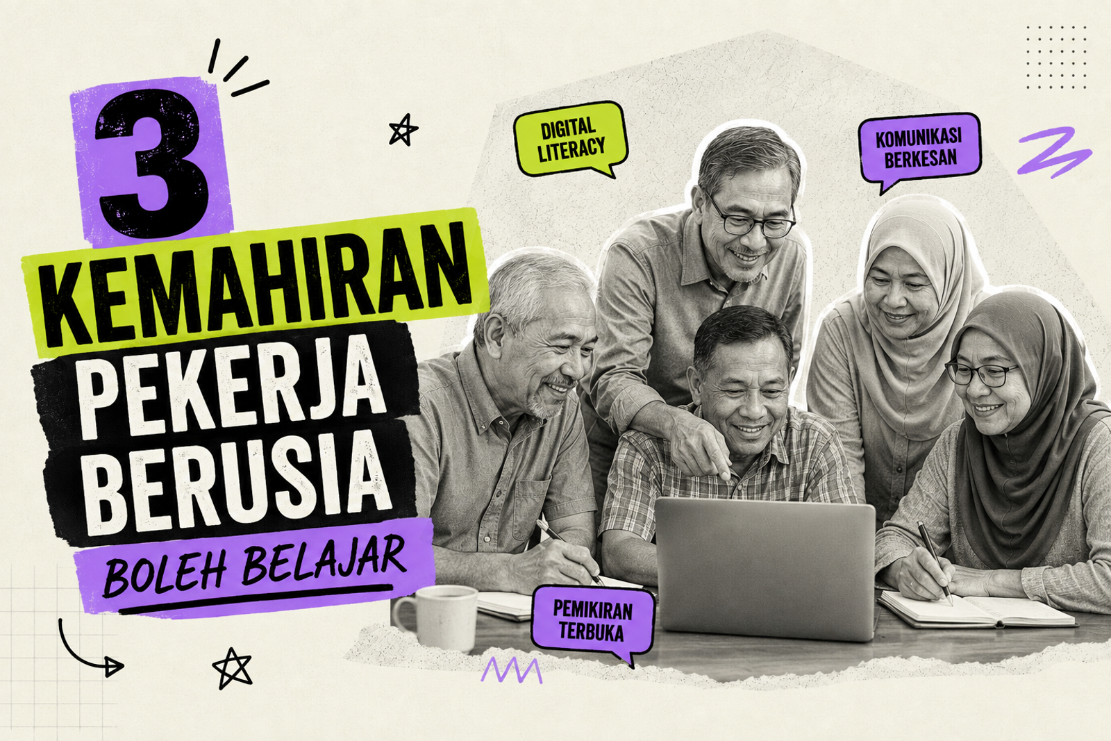 Kolaj pekerja berusia belajar bersama di hadapan komputer riba — digital literacy, komunikasi berkesan, pemikiran terbuka