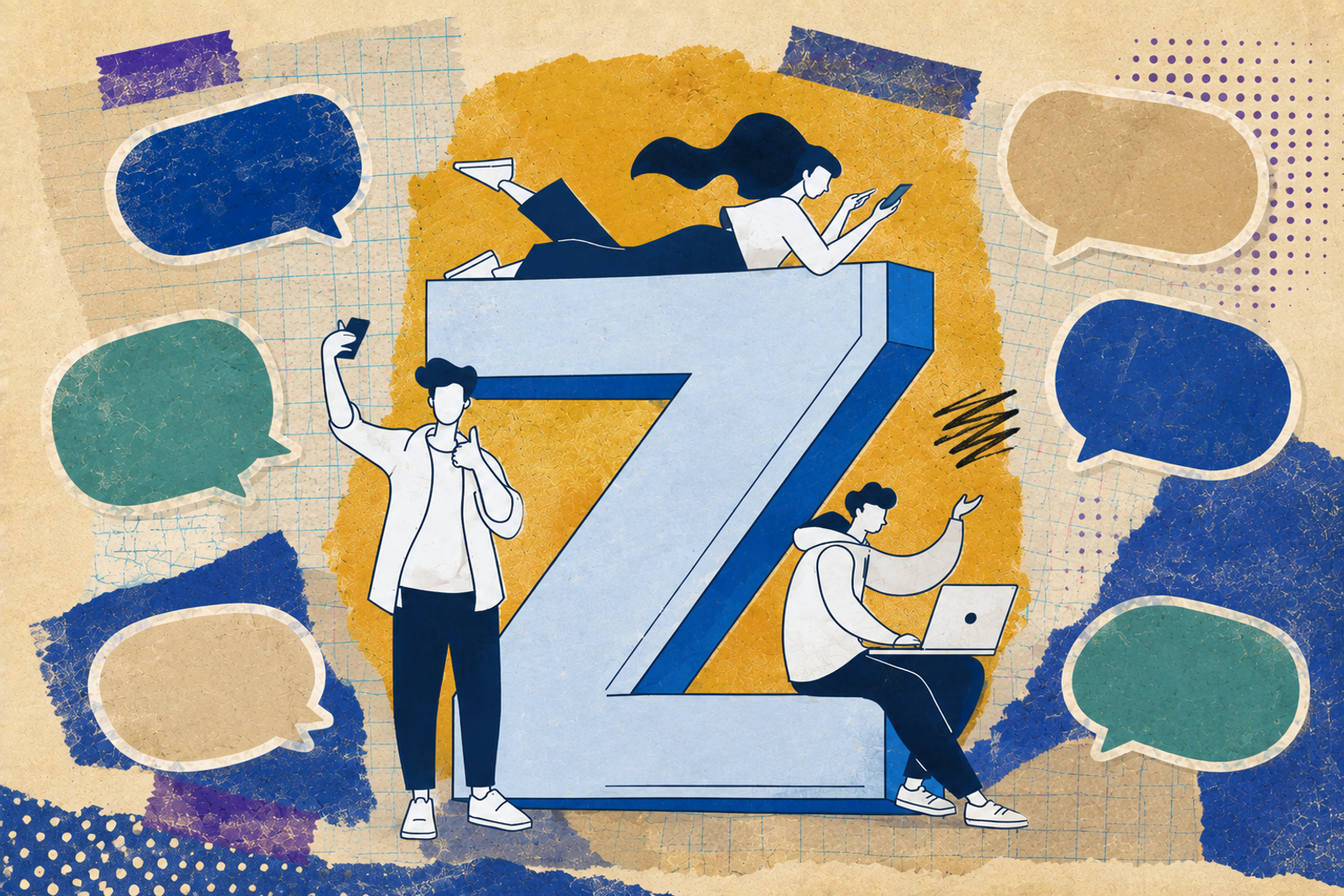 Kolaj slanga Gen Z — gelembung perbualan dan teks slanga di atas latar kolaj berwarna