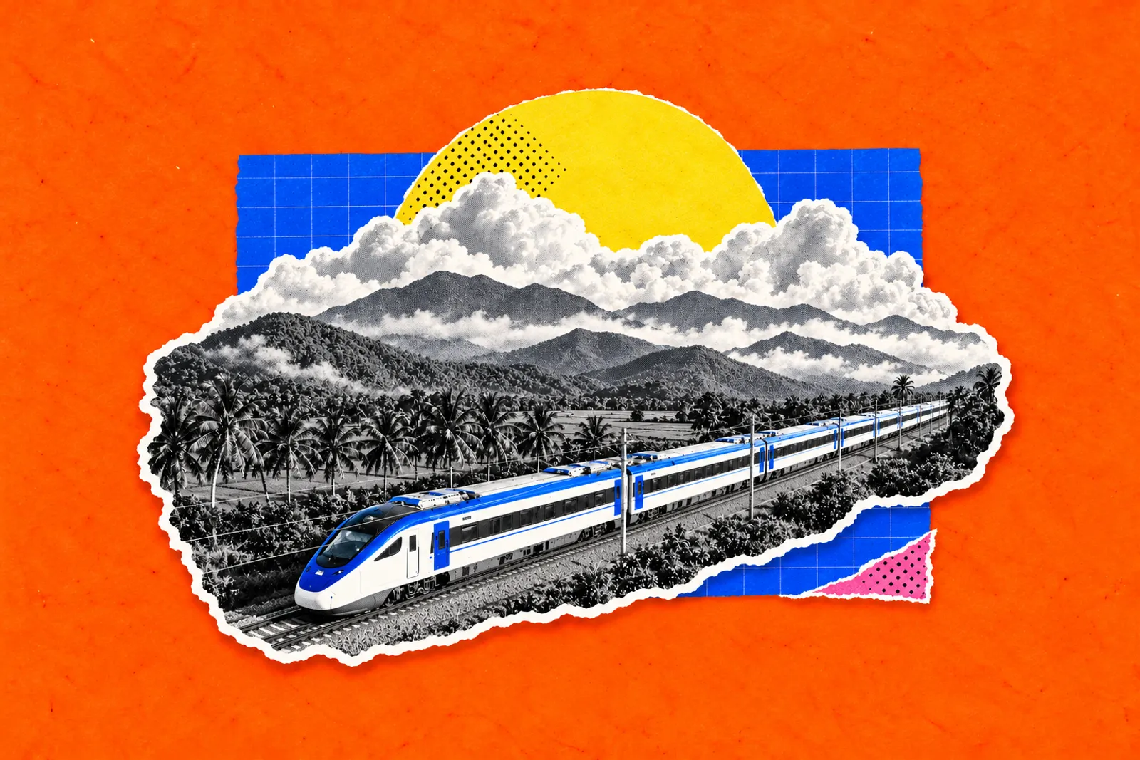 Ilustrasi kolaj tren ECRL putih dan biru meluncur melalui ladang kelapa sawit berlatarkan gunung-ganang