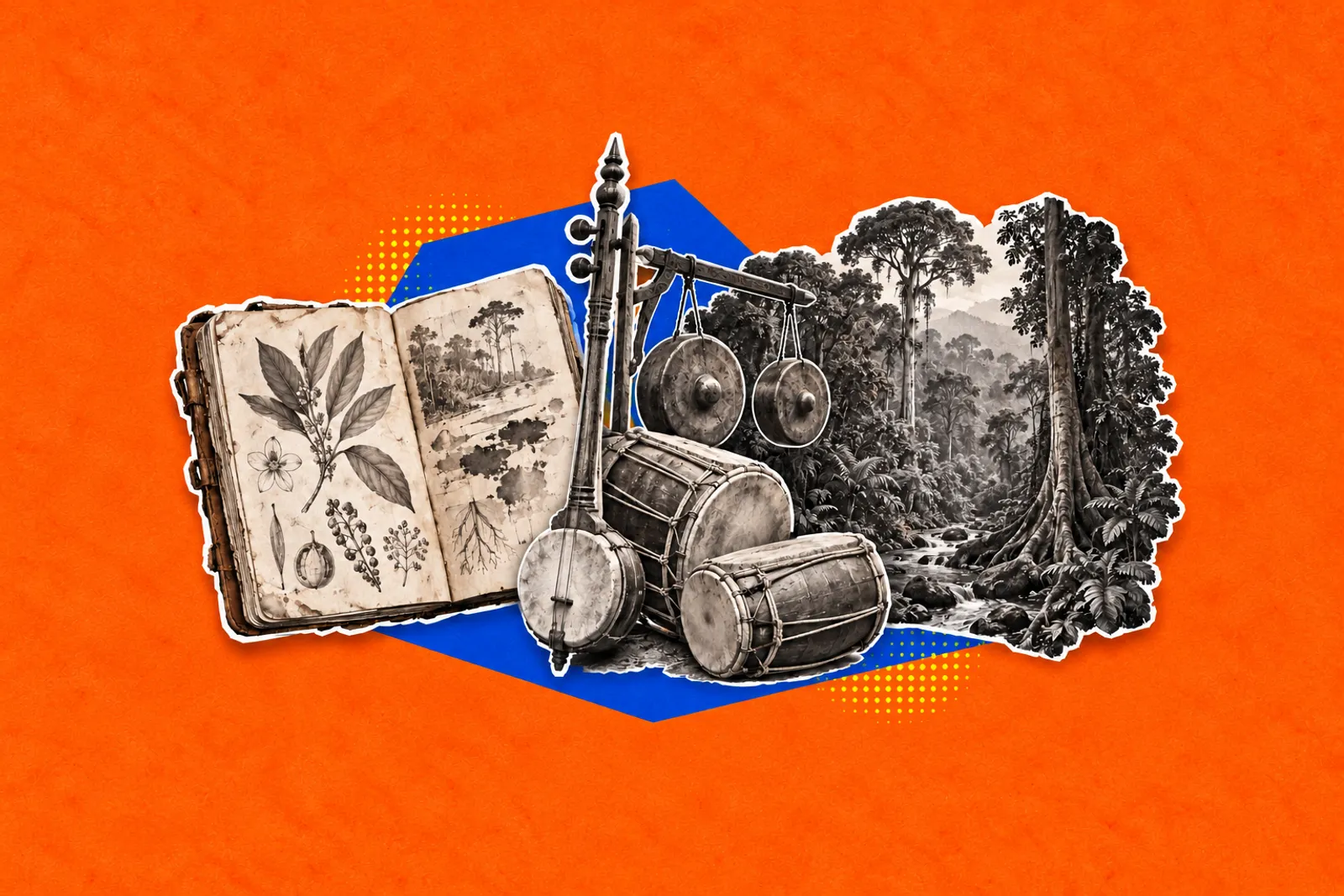Kolaj buku lama berisi lukisan tumbuhan, alat muzik tradisional seperti rebab, gendang dan gong, serta hutan hujan tropika