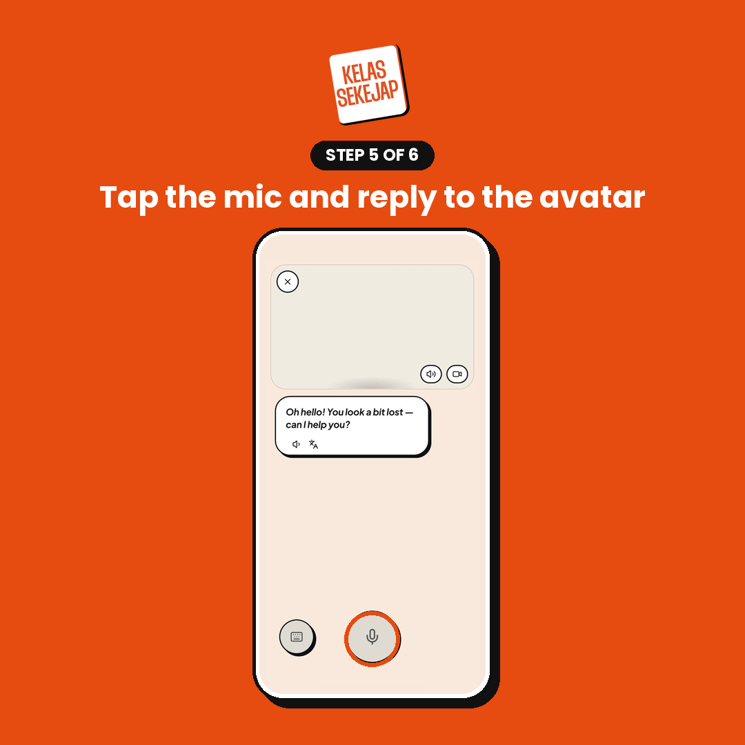 The lesson screen with the avatar’s opening white speech bubble, “Oh hello! You look a bit lost — can I help you?”, and the round microphone button at the bottom circled in orange.