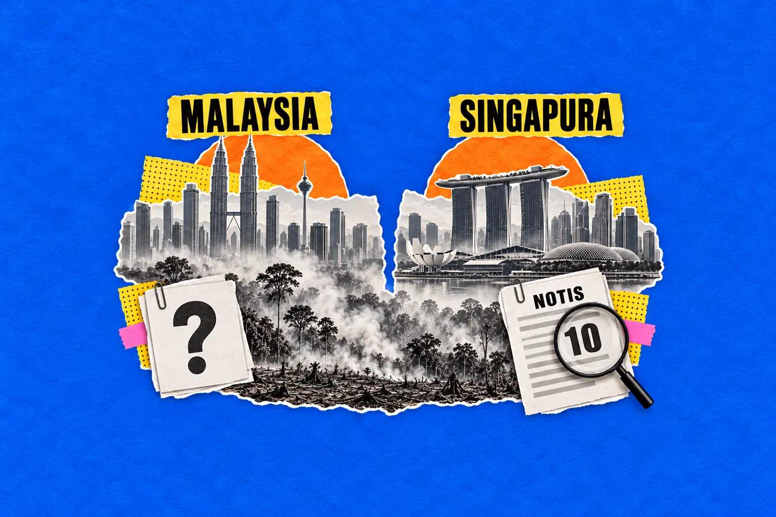 Kolaj latar bandar Malaysia dan Singapura dipisahkan hutan terbakar yang berasap, dengan nota tanda soal dan notis bernombor 10
