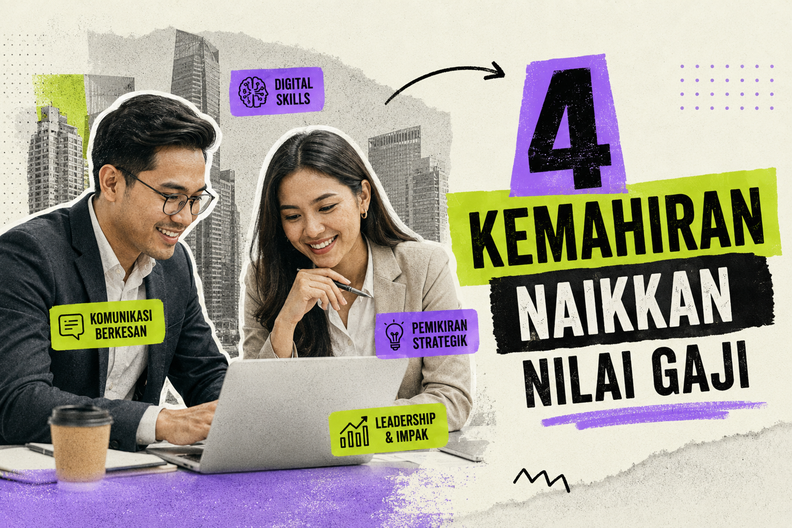 Kolaj "4 Kemahiran Naikkan Nilai Gaji" — dua pekerja di hadapan komputer riba dengan label digital skills, komunikasi, pemikiran strategik dan leadership