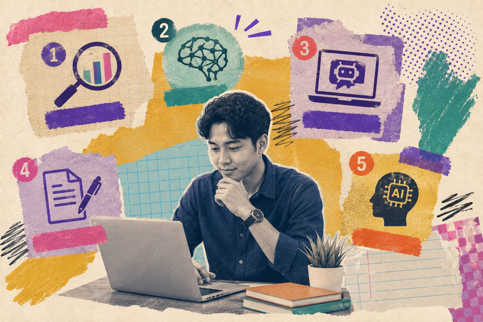 Kolaj lima skill AI di sekeliling pekerja dengan komputer riba — analisis data, AI, chatbot, penulisan dan AI literacy
