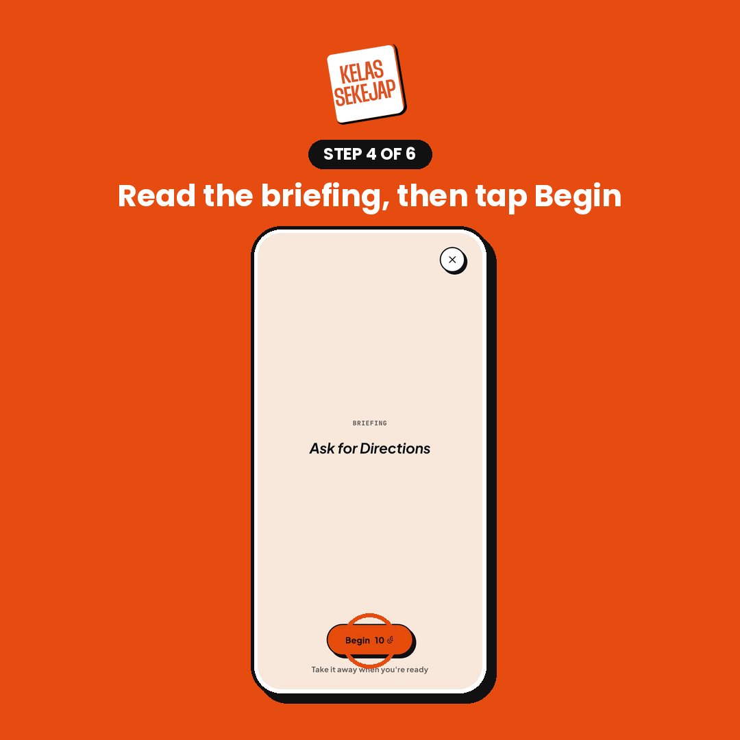 The Ask for Directions briefing screen, with the orange Begin button marked 10 coins circled at the bottom.