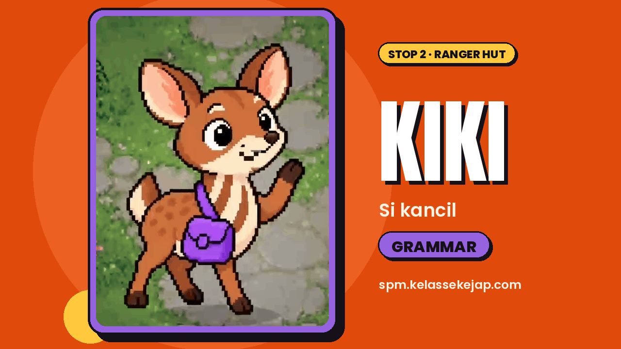 Kad watak gaya piksel: Kiki si kancil berbulu coklat dengan beg sandang ungu, mengangkat kaki depan seperti melambai, di atas denai berbatu. Teks kad: Stop 2 · Ranger Hut, KIKI, Si kancil, GRAMMAR.