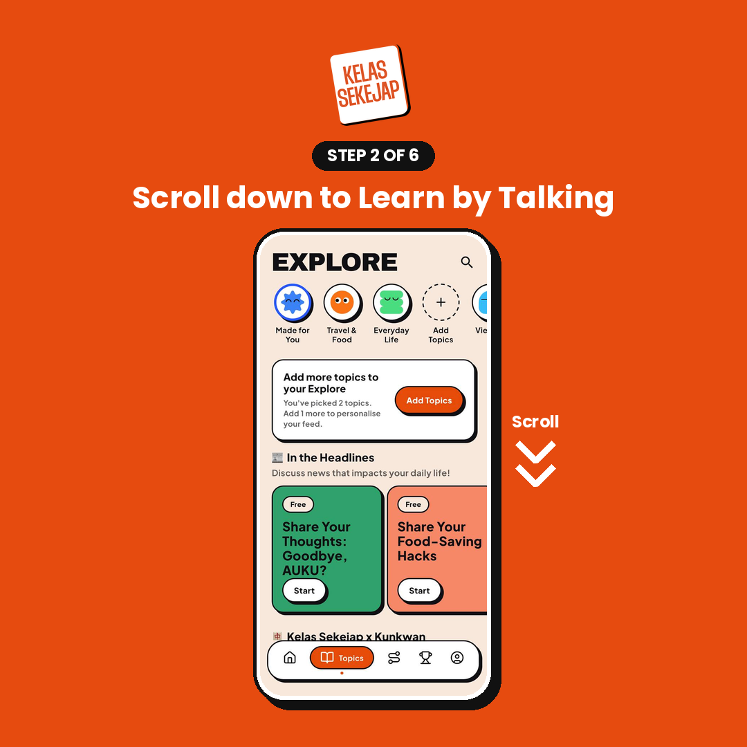 The Explore page with topic circles and lesson cards, and a “Scroll” label with downward arrows beside the phone.