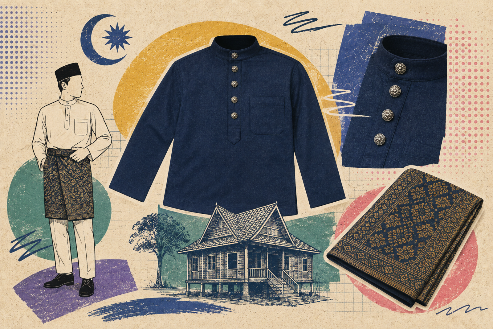 Kolaj baju Melayu menunjukkan lima butang di bahagian leher
