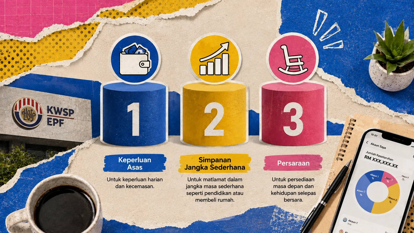Kolaj bertemakan Akaun 1, 2 dan 3 KWSP