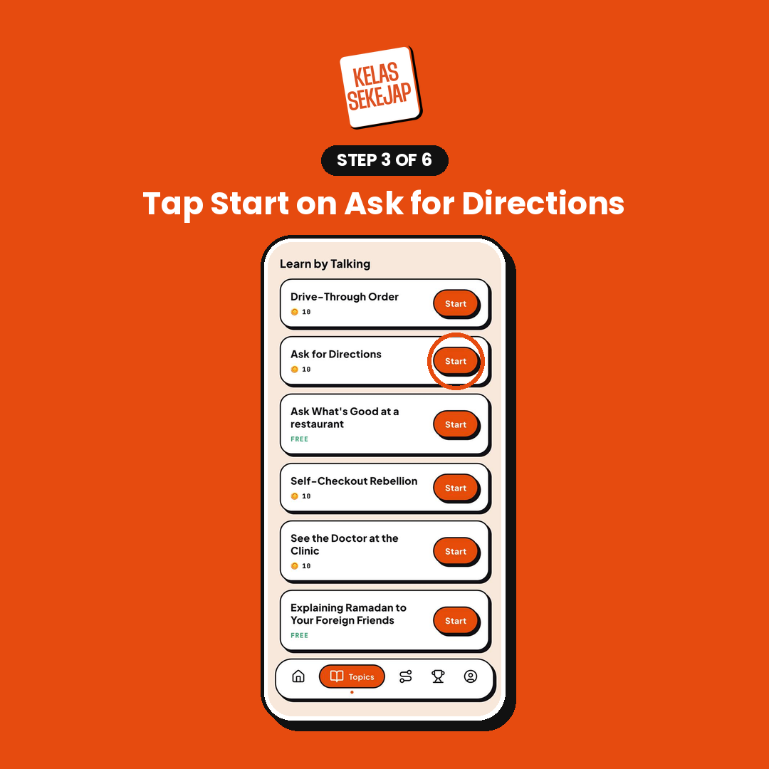 The Learn by Talking list of lesson cards — Drive-Through Order, Ask for Directions, See the Doctor at the Clinic and more — with the Start button on the Ask for Directions card circled.