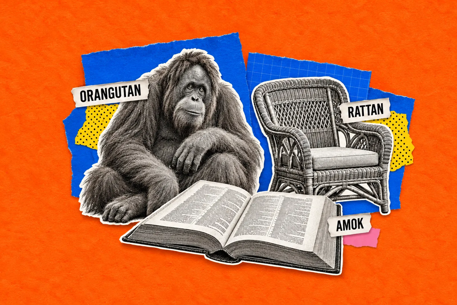 Collage of an orangutan, a rattan armchair and an open dictionary, labelled Orangutan, Rattan and Amok
