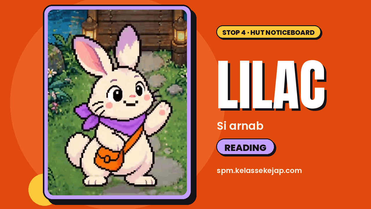 Kad watak gaya piksel: Lilac si arnab putih berpita leher ungu dan beg sandang oren, melambai tangan di hadapan pondok kayu. Teks kad: Stop 4 · Hut Noticeboard, LILAC, Si arnab, READING.