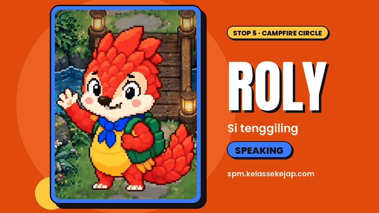 Kad watak gaya piksel: Roly si tenggiling bersisik merah dengan sapu tangan leher biru dan beg galas hijau, melambai tangan di tepi jambatan kayu. Teks kad: Stop 5 · Campfire Circle, ROLY, Si tenggiling, SPEAKING.