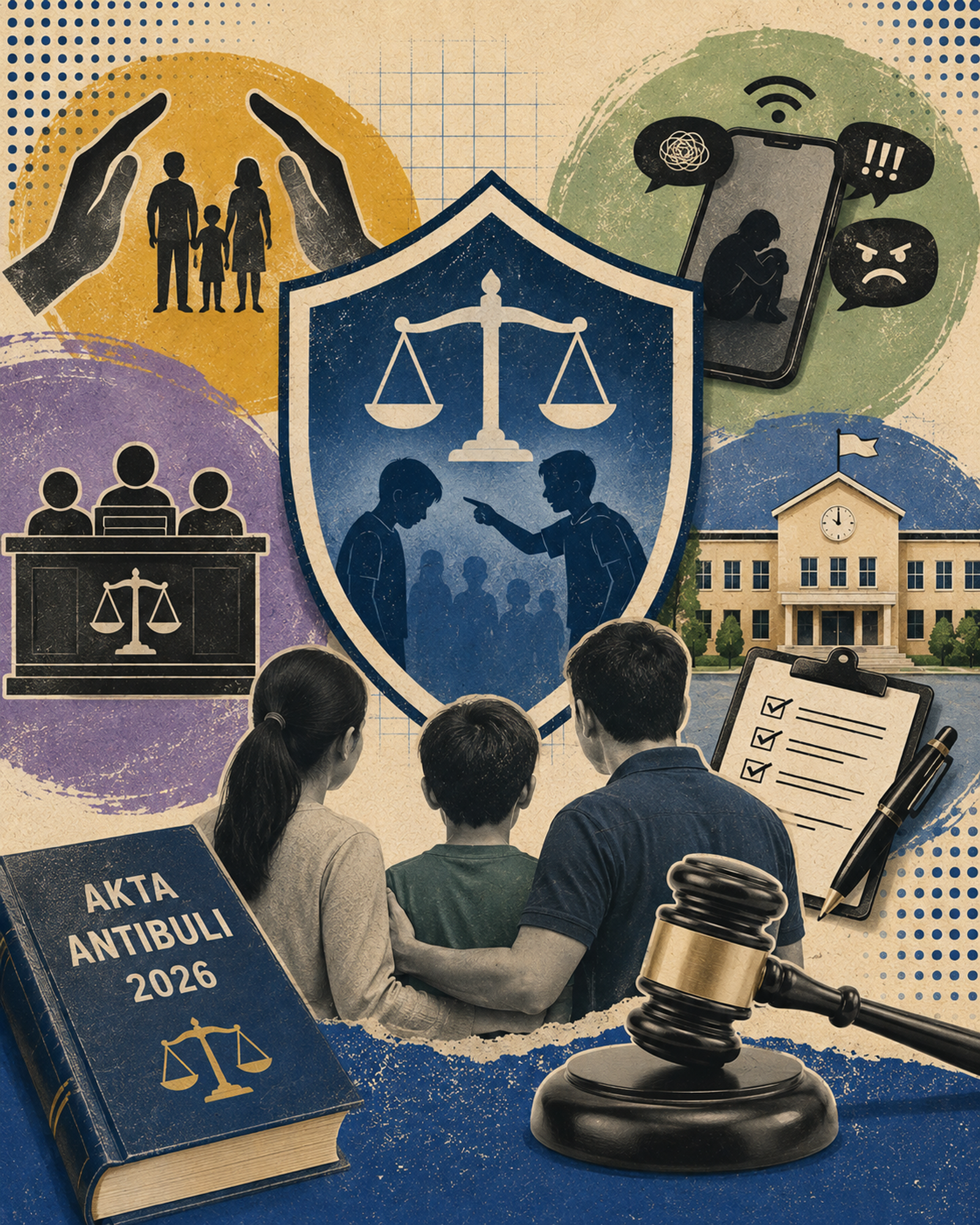 Kolaj keluarga di bawah perisai keadilan — buku Akta Antibuli 2026, tukul hakim, sekolah dan telefon memaparkan buli siber