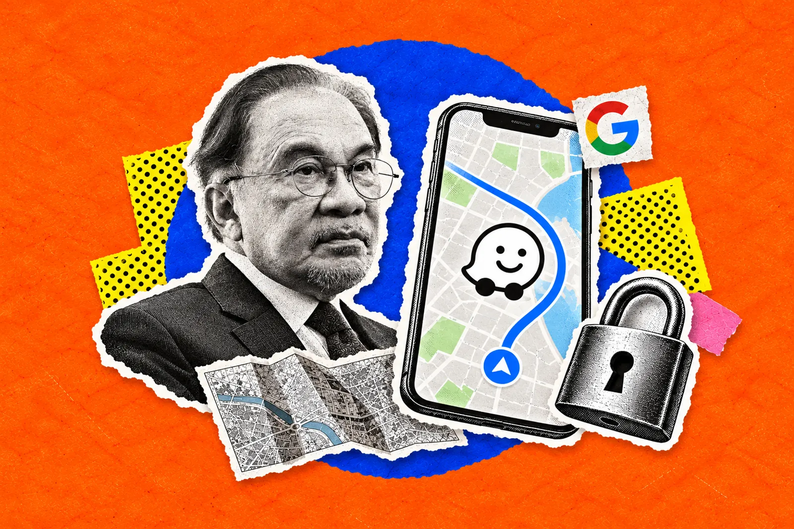 Kolaj potret hitam putih seorang pemimpin di sebelah telefon memaparkan aplikasi Waze dan logo Google, peta lipat serta mangga berkunci