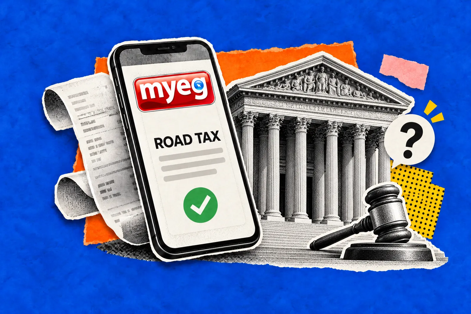 Kolaj telefon memaparkan aplikasi MyEG dengan bayaran road tax berjaya, resit panjang, bangunan mahkamah, tukul hakim dan tanda soal